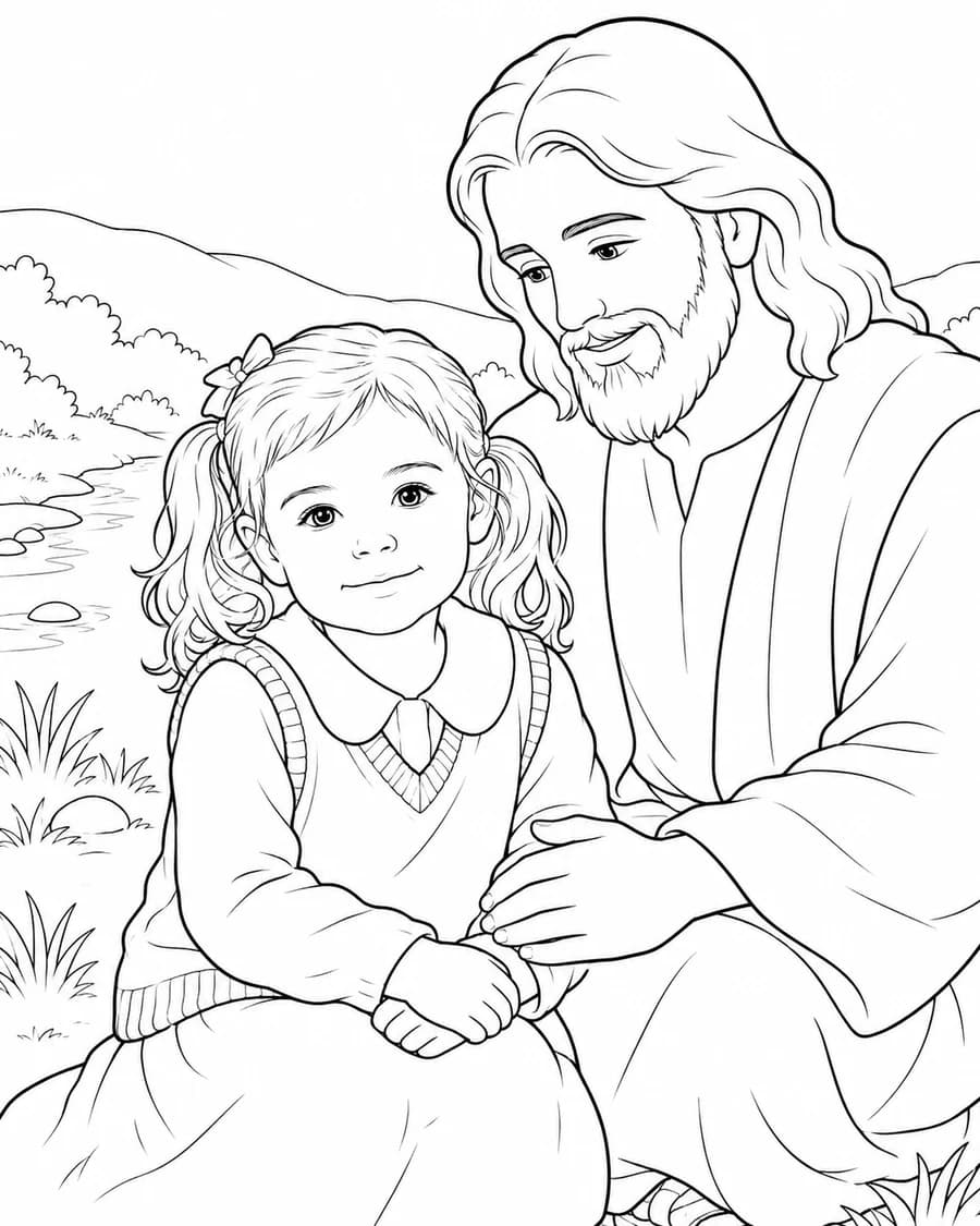Example personalized line art with a child and Jesus