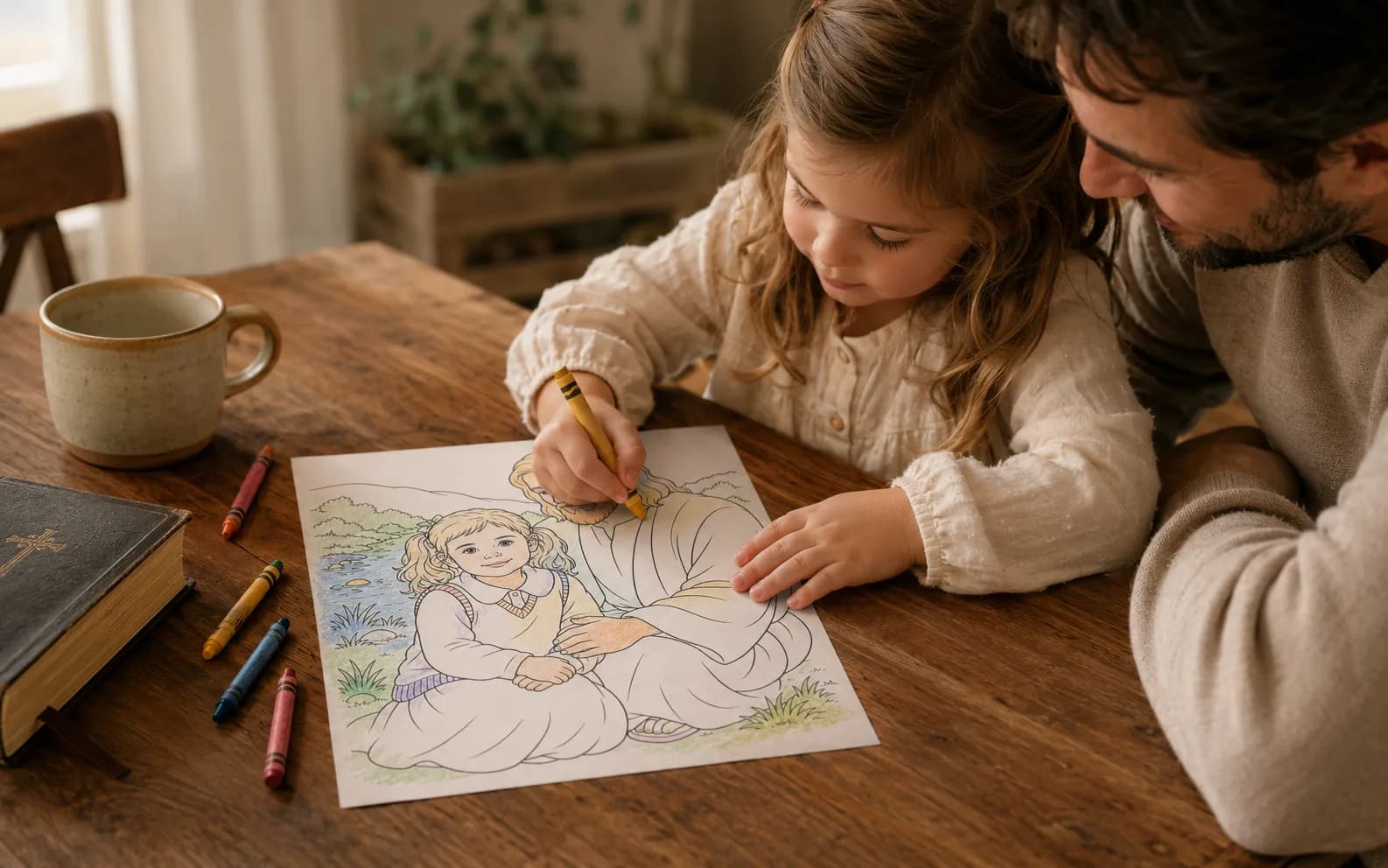 A family coloring a personalized Jesus coloring page together at a warm kitchen table
