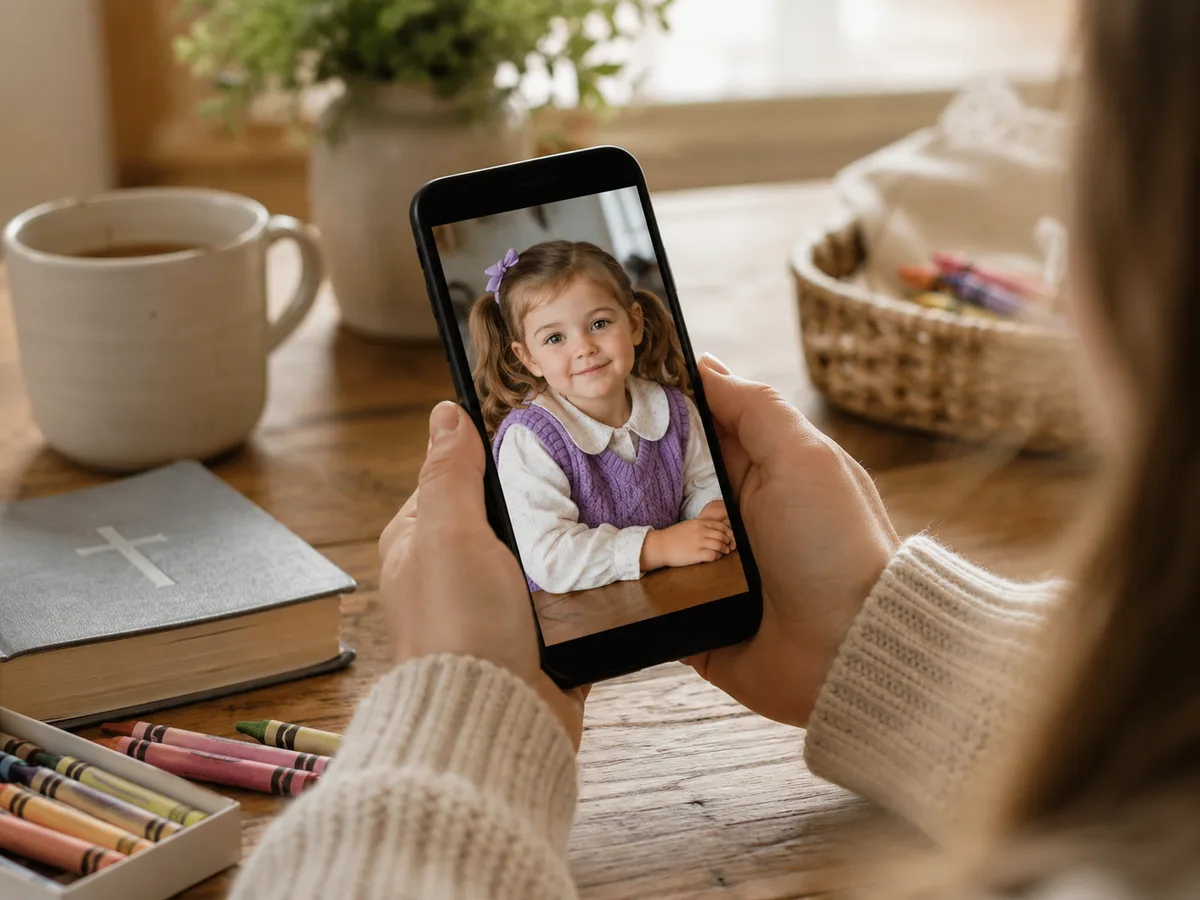 A parent holding a phone with a child photo for creating a personalized coloring page