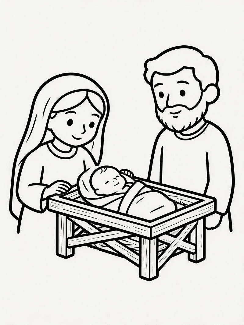 Baby Jesus in the manger with Mary and Joseph printable line art
