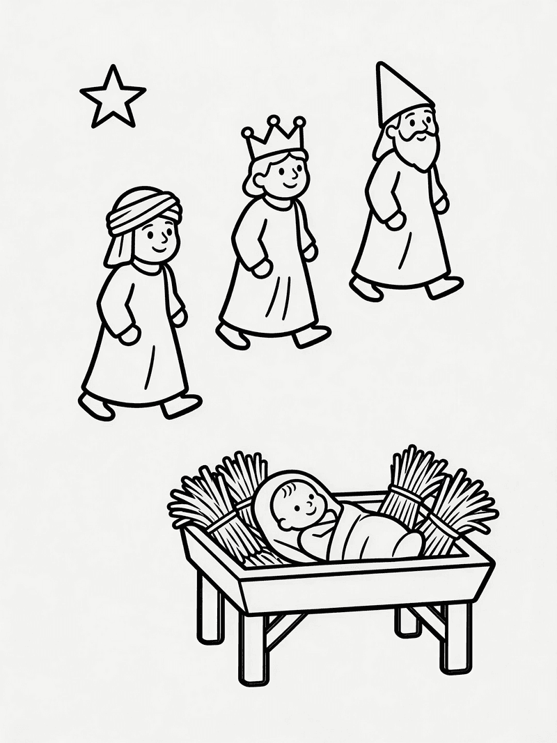 The three wise men following the star printable line art