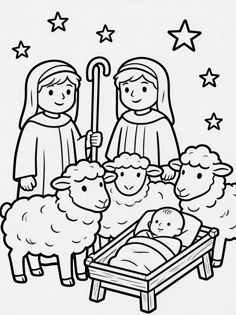 Shepherds watching their flocks at night printable line art
