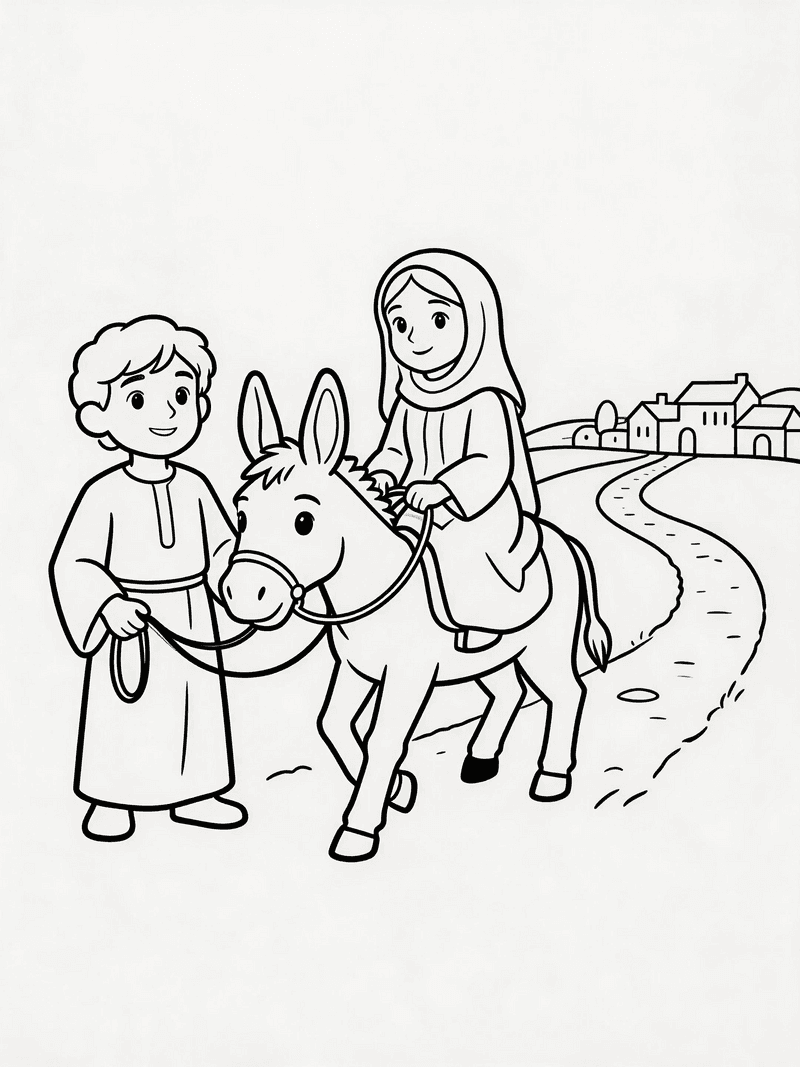 Joseph and Mary traveling to Bethlehem printable line art