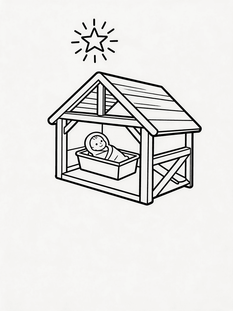 The star of Bethlehem shining over the stable printable line art