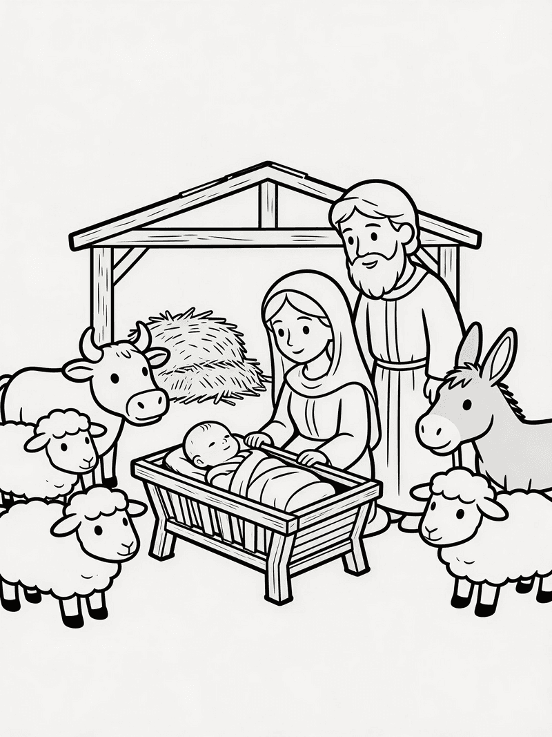The nativity scene with animals printable line art
