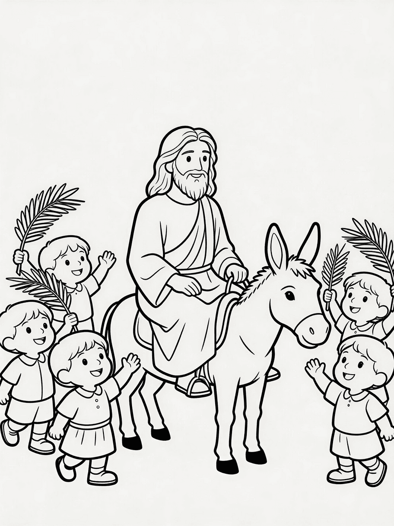 Jesus riding into Jerusalem on Palm Sunday printable line art