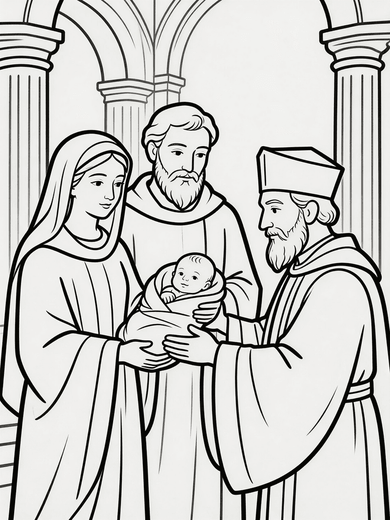 Baby Jesus presented at the temple printable line art