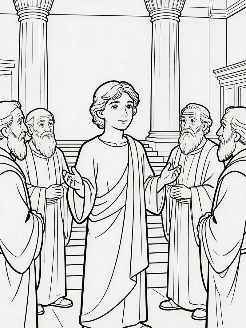 Young Jesus teaching in the temple printable line art