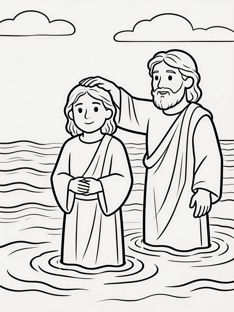 Jesus being baptized by John in the river printable line art