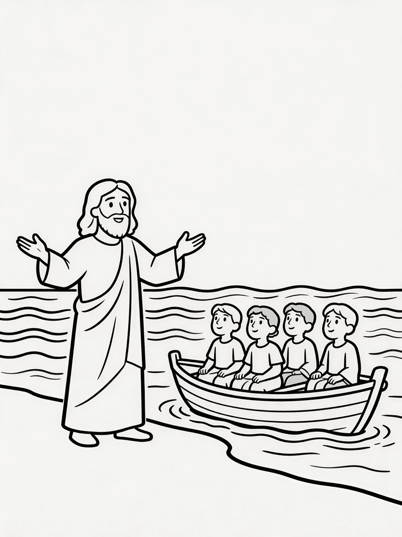 Jesus calling his first disciples by the sea printable line art