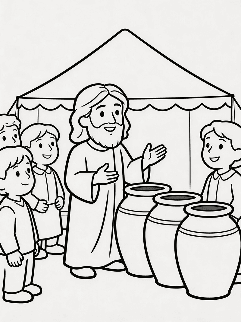 Jesus turning water into wine at Cana printable line art