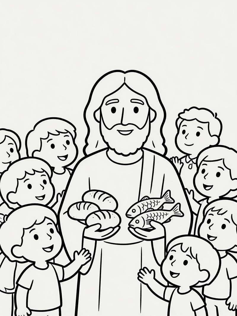 Jesus feeding five thousand with loaves and fish printable line art