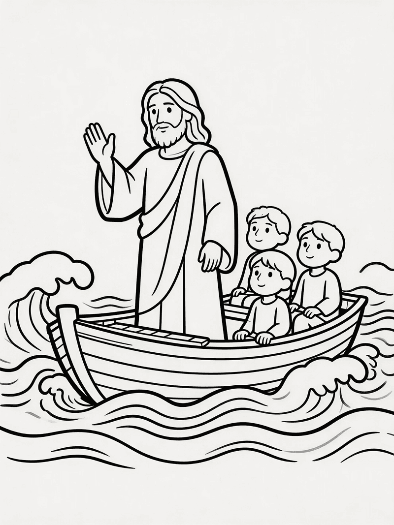 Jesus calming the storm on the sea printable line art
