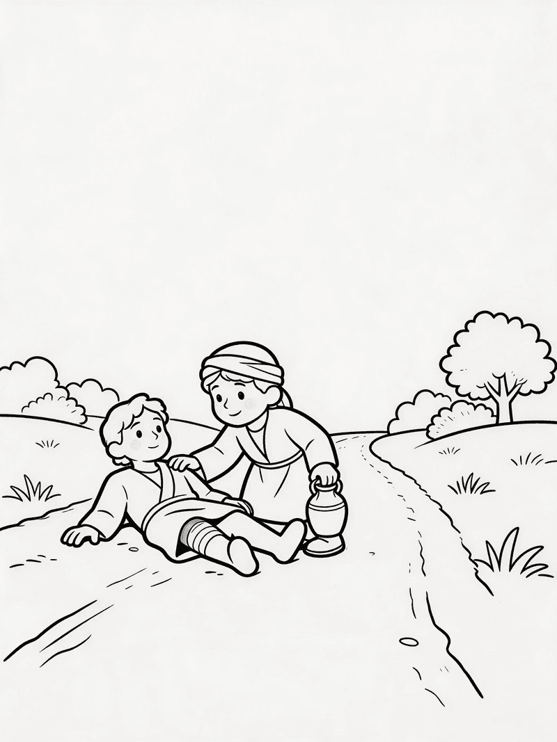 The Good Samaritan helping an injured man printable line art