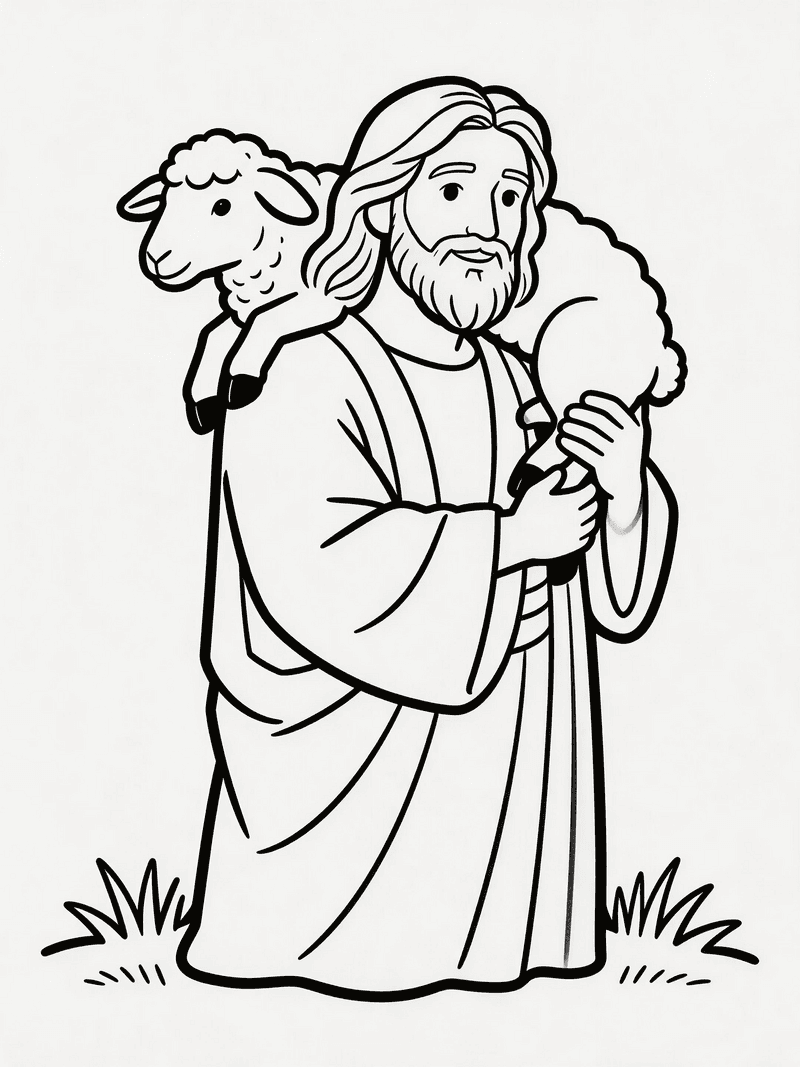 The Lost Sheep being carried by the shepherd printable line art