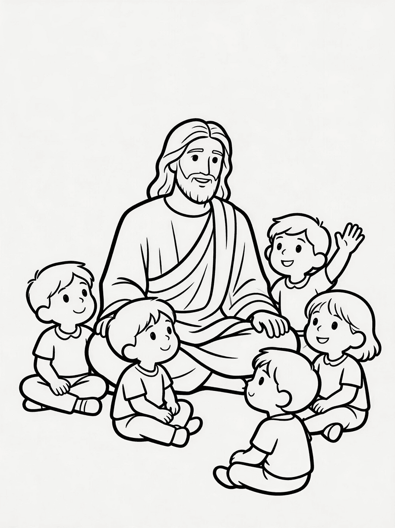 Jesus sitting with children around him printable line art