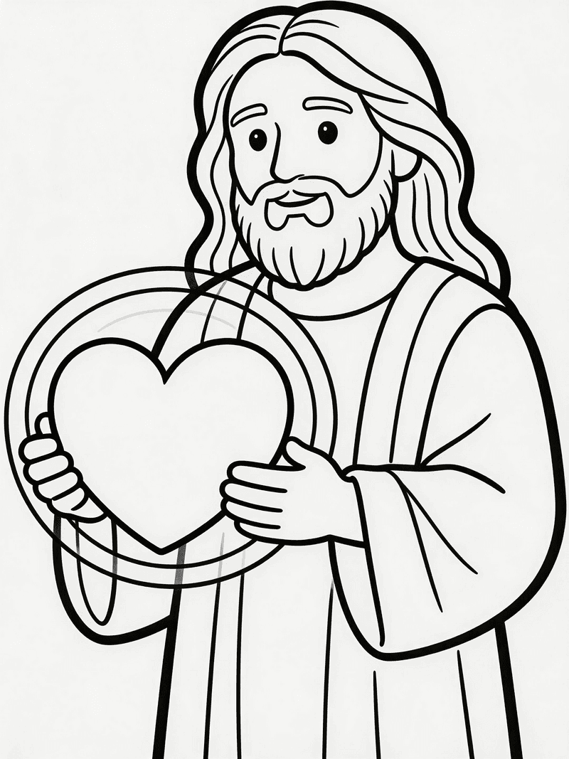 Jesus holding a glowing heart printable line art