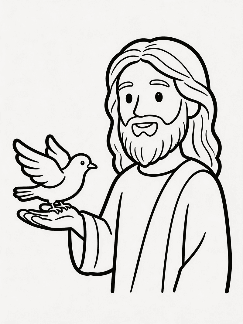 Jesus with a dove landing on his hand printable line art