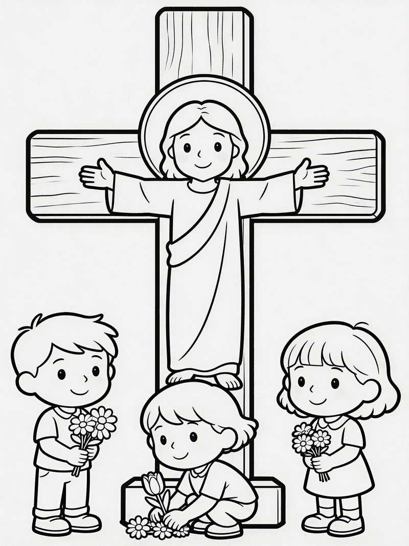 Children placing flowers at the cross