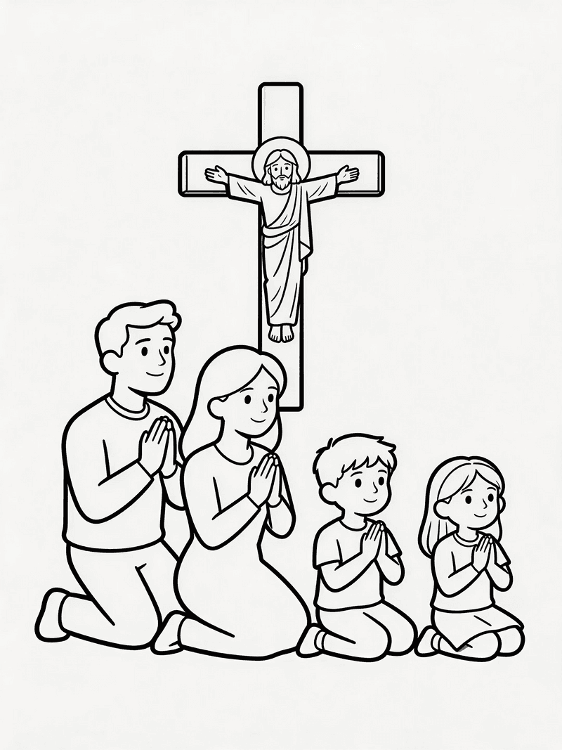 A family praying at the cross