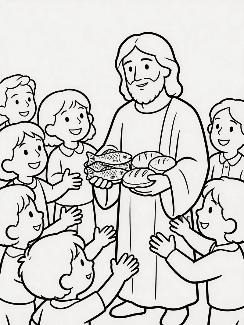 Jesus feeding fish to a crowd